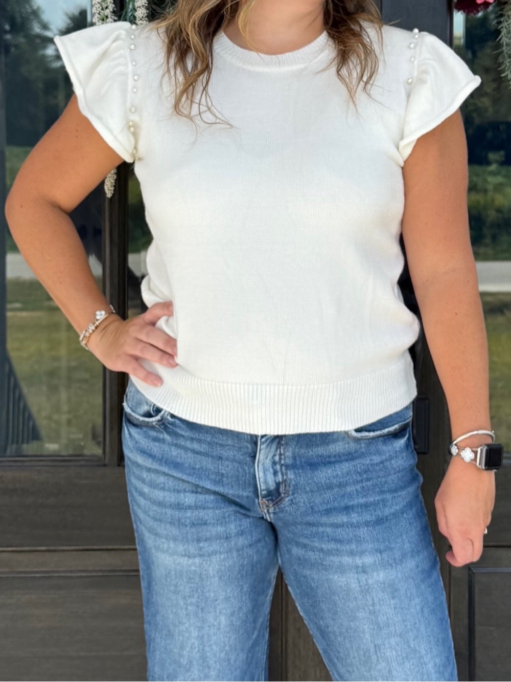 Main Strip White Pearl-Trim Short Sleeve Knit Top